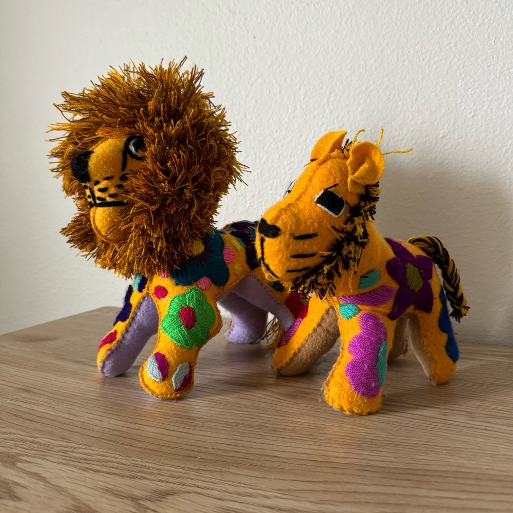 Mexican Folk Art Handmade‎ Lion & Cub Colorful Stuffed Animals Embroidered Plush